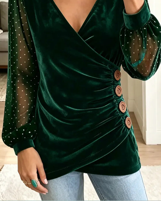 Bluse V-Hals Knapp Prikket Asymmetrisk
