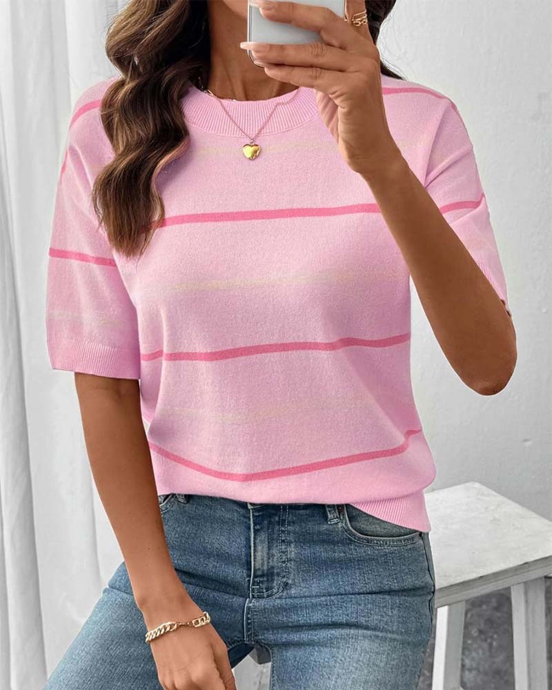 Pullover Stripe Kontrastfarge Kortsermet Strikket