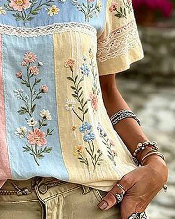 Bluse Rundhals Lappverk Blomstret