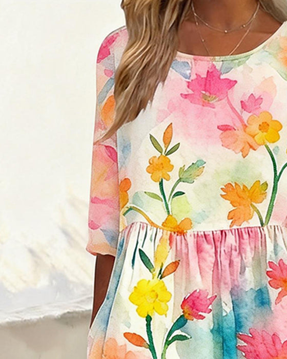 Kjole Akvarell Blomstret Trykk Rundhalset
