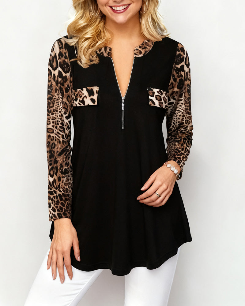 Langermet Genser Med Leopardtrykk Og Halvglidelås