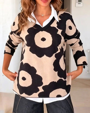 Pullover Blomstertrykk V-Hals