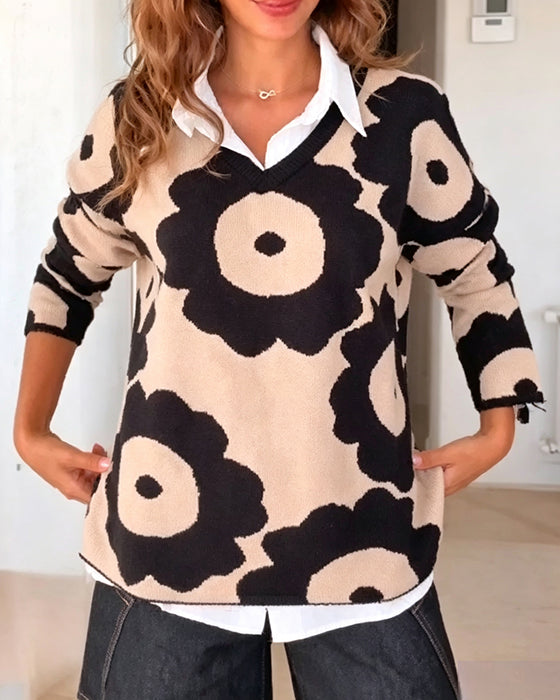 Pullover Blomstertrykk V-Hals