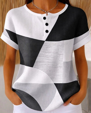 Bluse Rundhalset Knapp Fargeblokk Vaffel