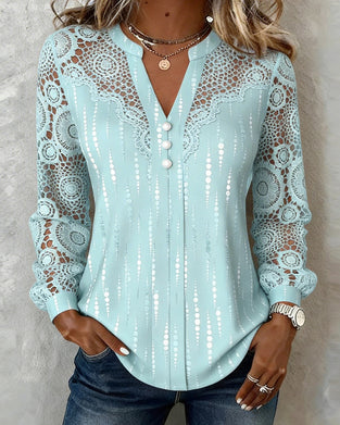 Bluse Ensfarget Panelt V-hals Perleknapp