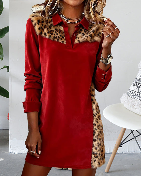 Kvinne Kausal Kjole Med Jultema, Leopardmønster Och Patchworkdetalj