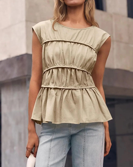 Bluse Rund Hals Rynket Midje