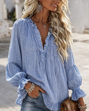 Bluse Ruffle Kant Avslappet Rutete