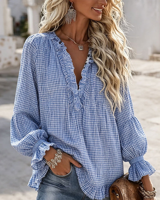 Bluse Ruffle Kant Avslappet Rutete