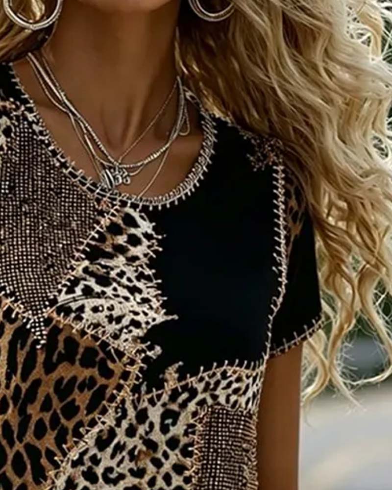 Bluse Rund Hals Leopard Trykk Kontrast Kort Erme