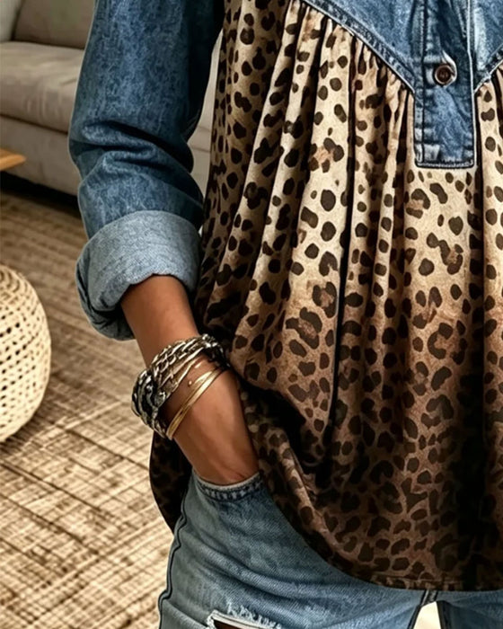 Topp Denim Leopard Trykk Patchwork Krage