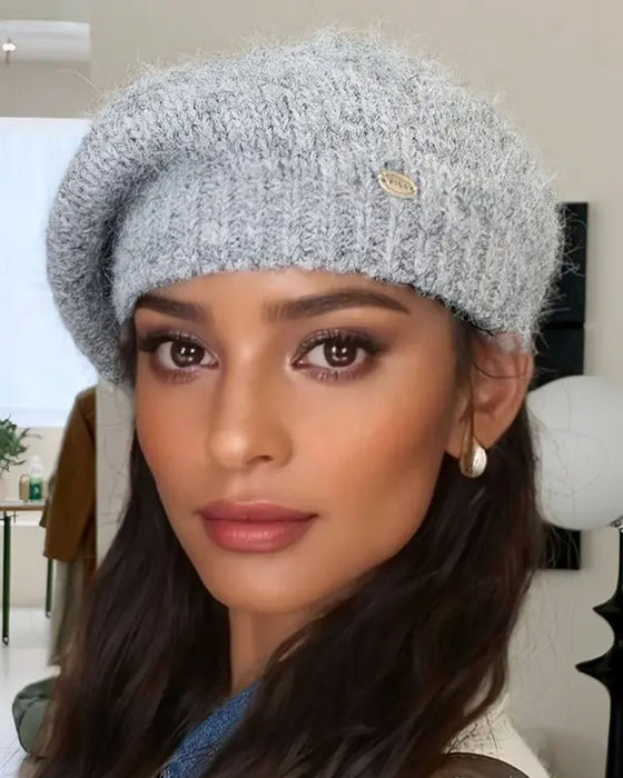 Dame Ensfarget Strikket Beret Lue