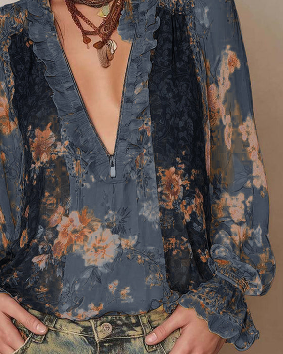 Halvglidelås Blomstertrykk Bluse