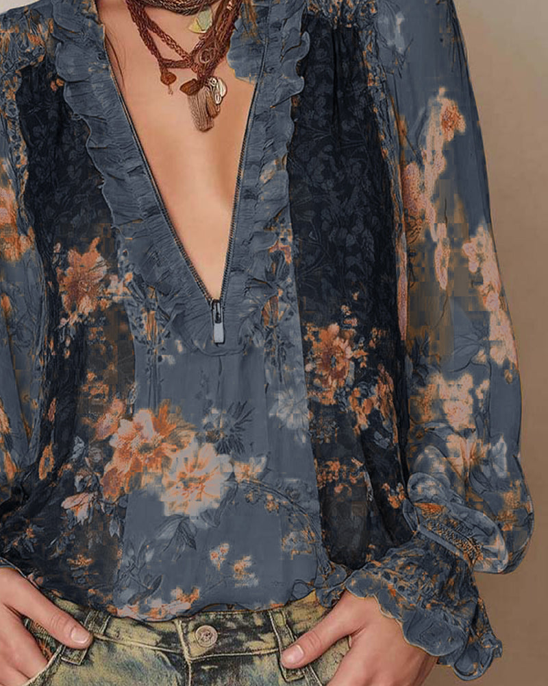 Halvglidelås Blomstertrykk Bluse