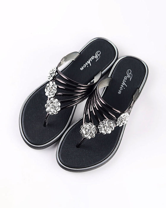 Fasjonable flip-flops med blomster og rhinestone