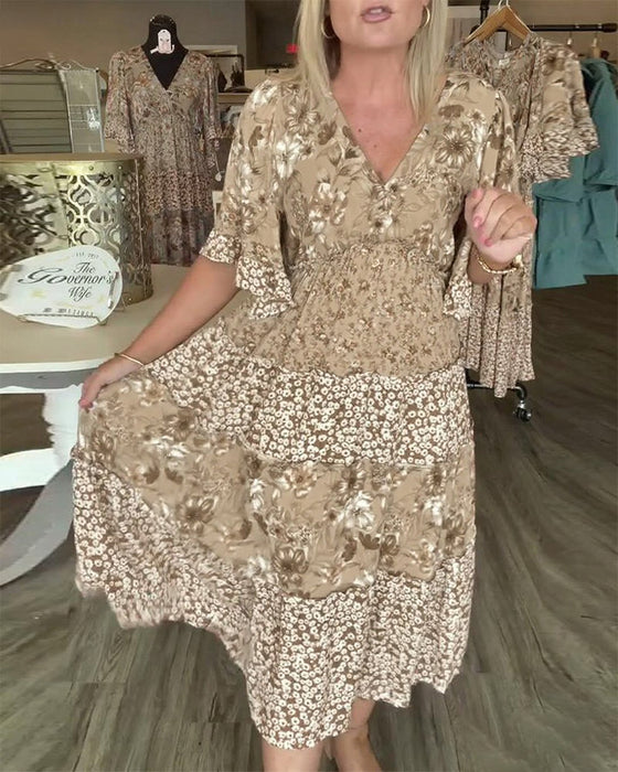 Kjole V-Utringning Lotusserm Blomstret