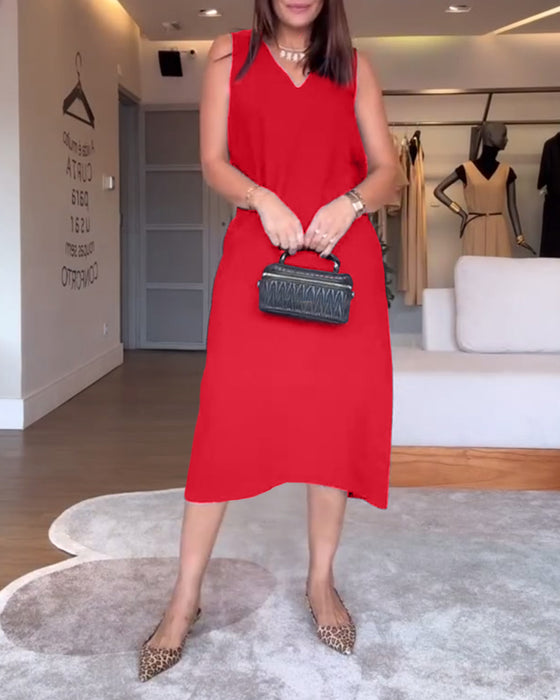 Kjole avslappet v-hals ermeløs ensfarget splitt