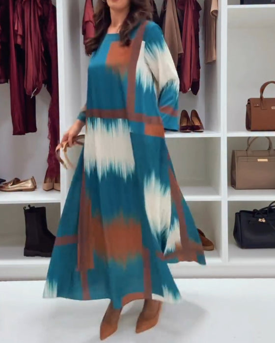 Stilfull Trykt Kjole Med Rund Hals Og Lange Ermer