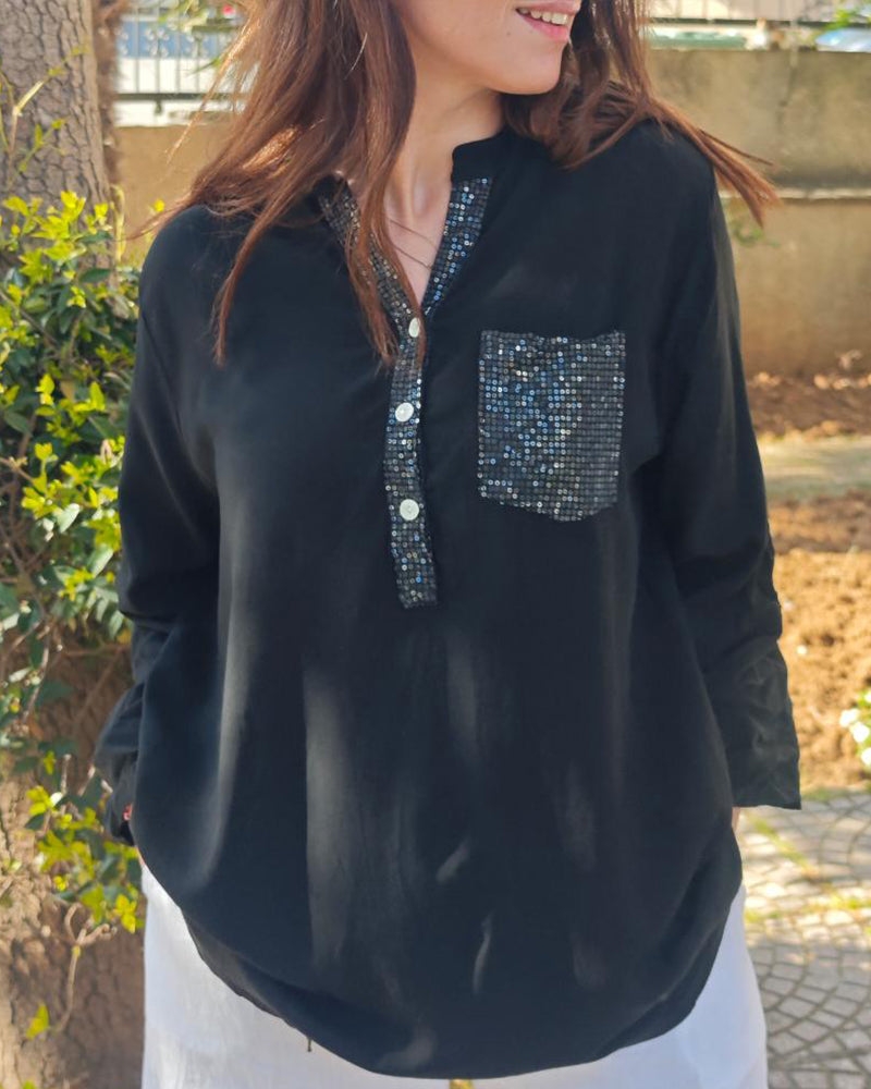Casual Topp Paljett Patchwork Løs