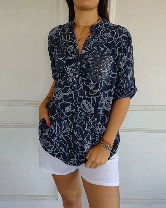 Bluse V-hals Knapper Nedtrykt