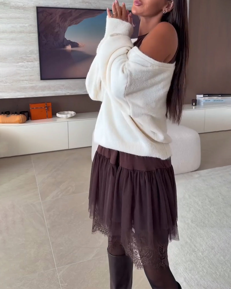 Avskåret Løstsittende Genser & Kniplingskant Kjole