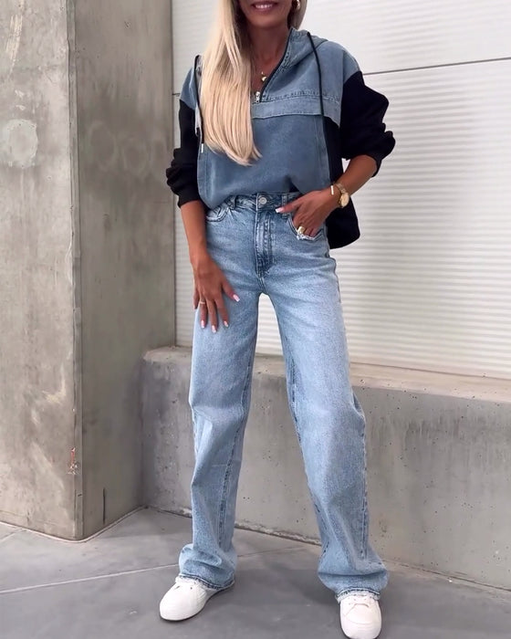 Uformell hettegenser med patchwork i denim med glidelås