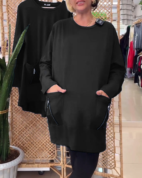 Genser med rund hals ensfarget glidelåslomme