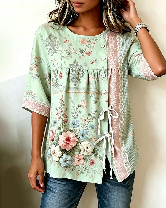 Bluse Retro Blomstermønster Avslappet