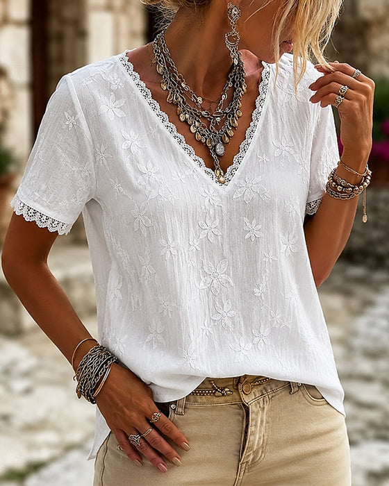 Bluse V-Hals Blonder Kort Erme