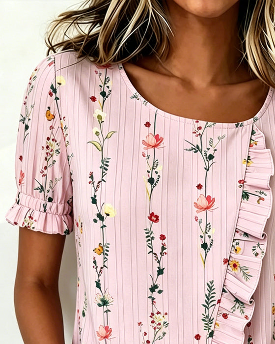 Bluse Ruffle Blomstertrykk Pufferme