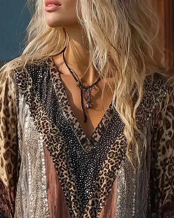 Bluse Leopard Patchwork V-Hals Trykk