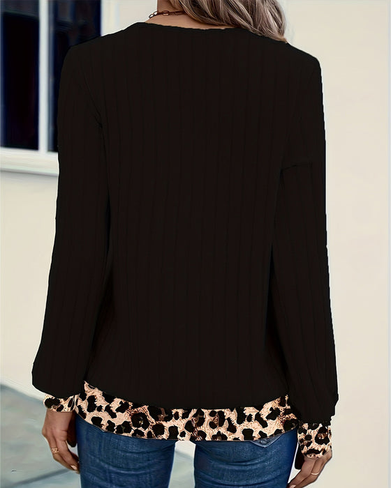 Topp Lang Erme V-Hals Leopard Patchwork