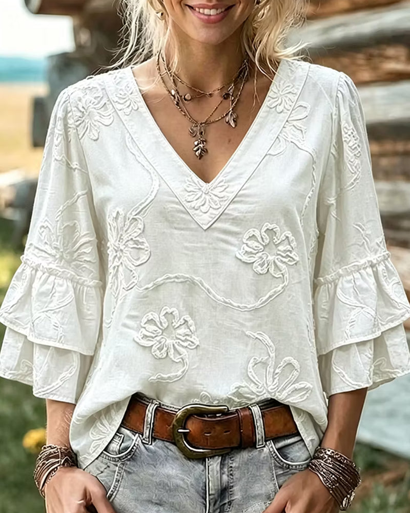 Bluse Tredimensjonal Preget Blomstret V-Hals Utsvinget Erme