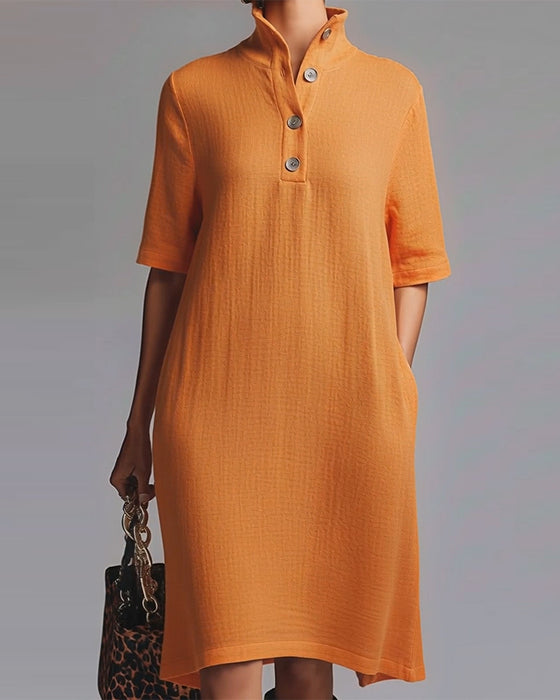 Kjole Ensfarget Ståkrage Kortermet