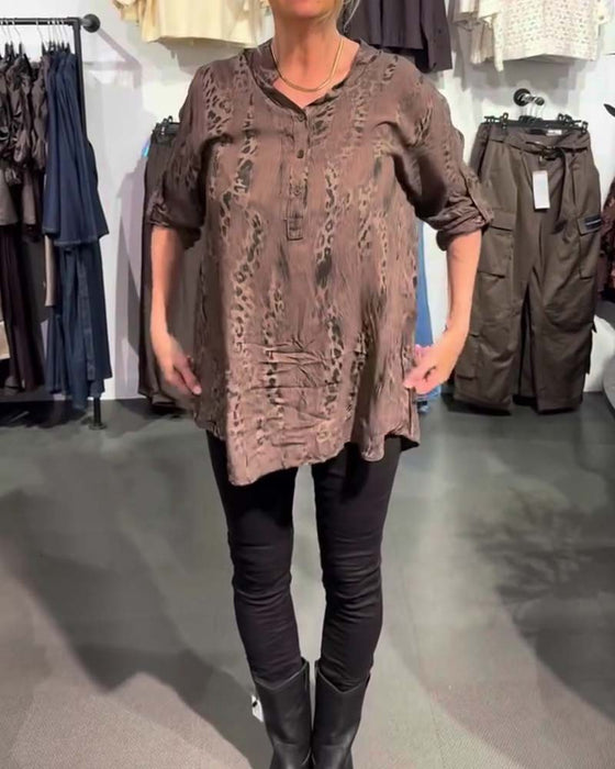 Bluse V-Hals Knapp Foran Leopard Trykk Avslappet