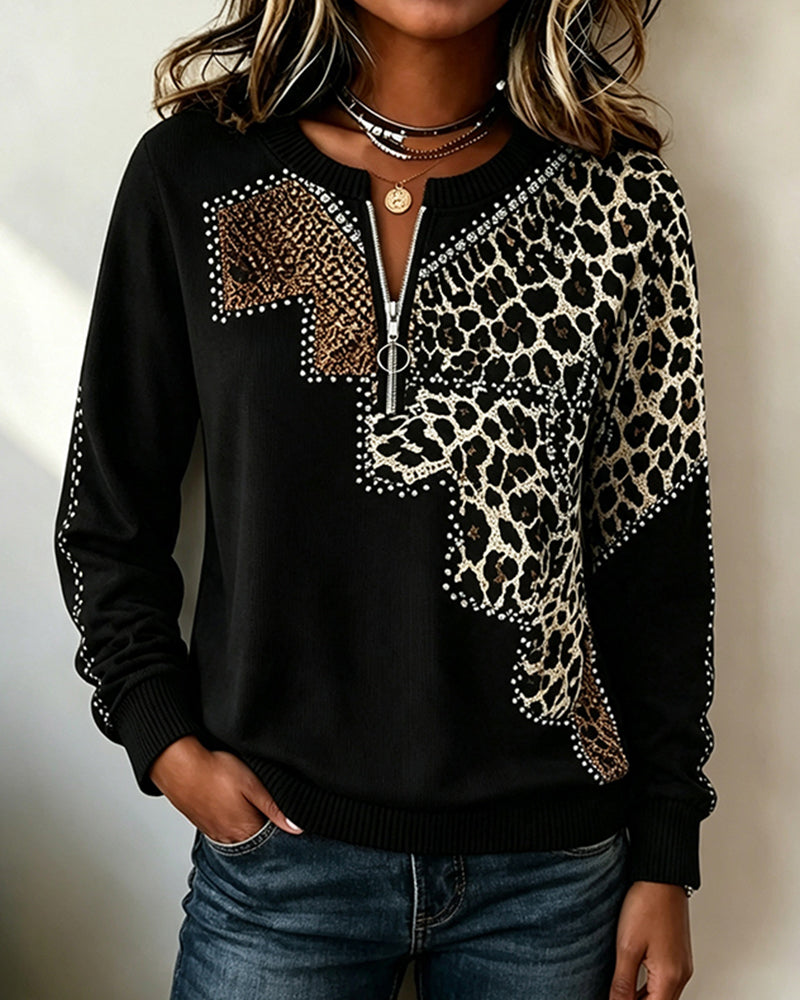 Sweatshirts Rundhalset Glidelås Leopard
