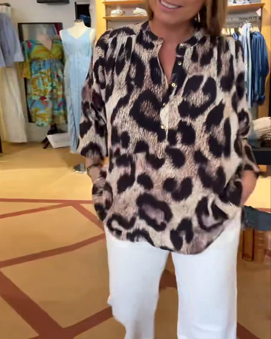 Bluse Løs Leopardtrykk Halv Knapp