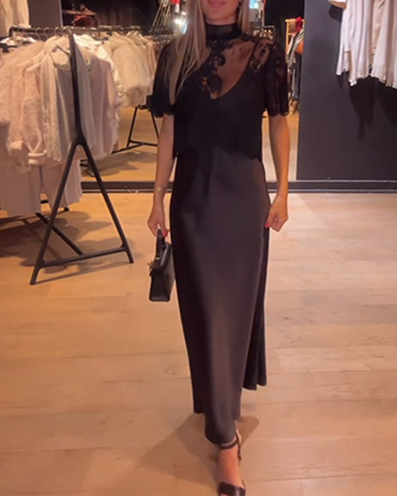 Sett Blonde Og Meshbluse Med Drapert Slipkjole