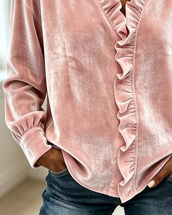 Bluse V-Hals Ruffle Solid