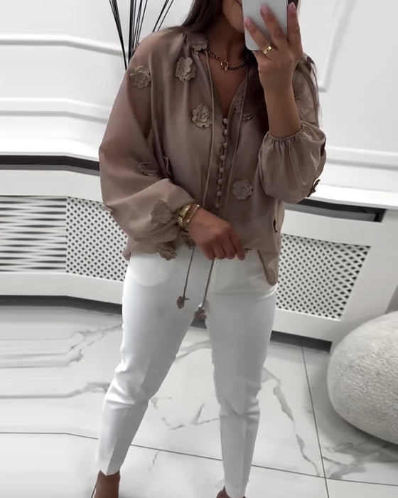 Bluse Ensfarget 3D-Blomster Snøring