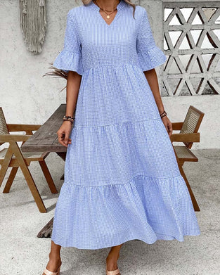 Kjole Blå Hvit Gingham V-Hals