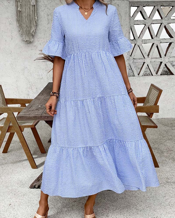 Kjole Blå Hvit Gingham V-Hals