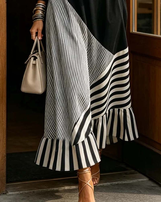 Kjole V-Hals Stripe Patchwork Ruffle