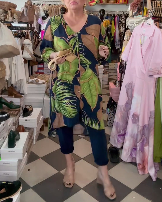 Løs Kjole Med Bladtrykk Og V-Hals