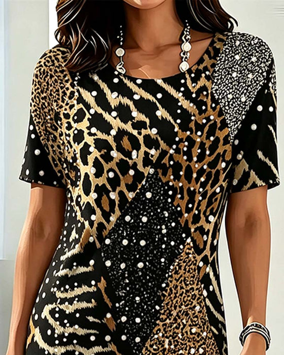 Kjole Leopardmønster Rundhalset Kortermet Patchwork