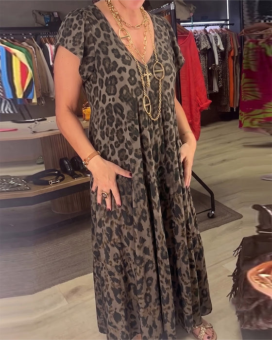 Kjole V-Hals Leopard Kort Erme