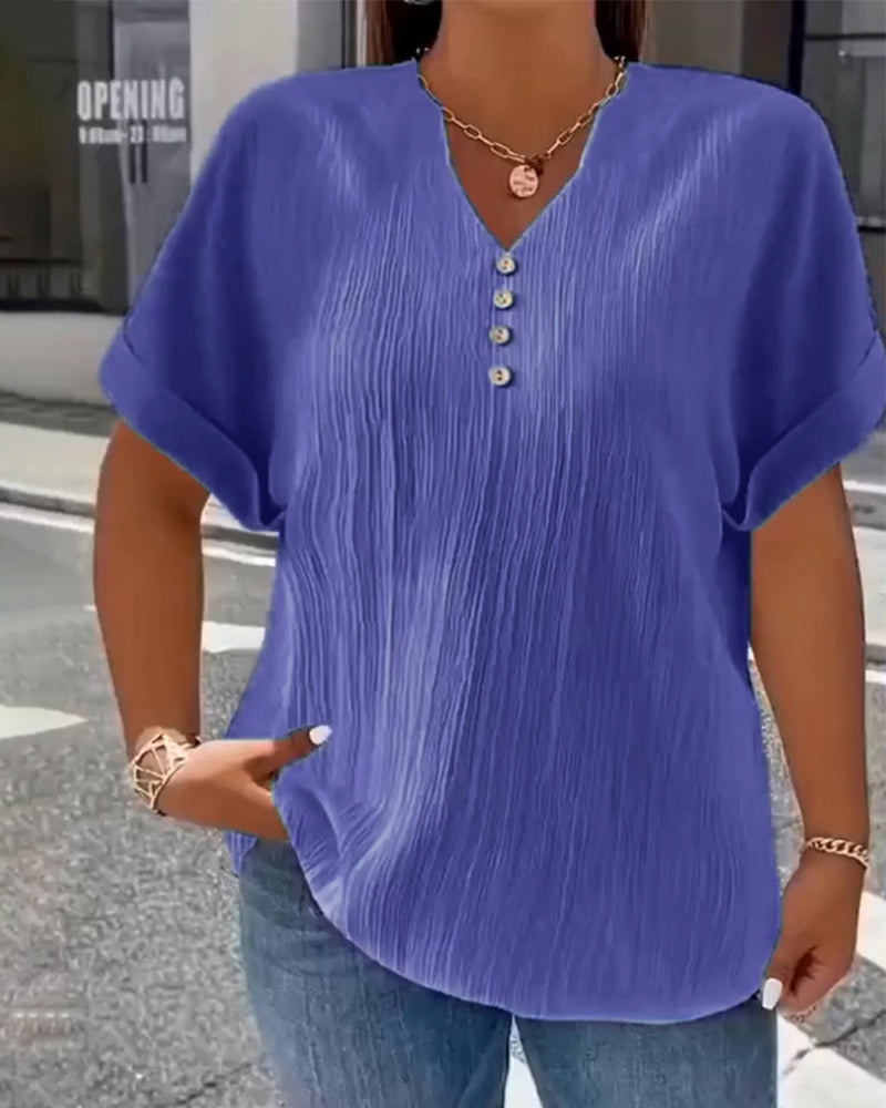 100% Bomull T-Skjorte V-Hals Løs Teksturert