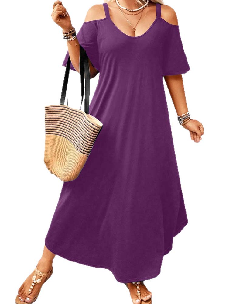 Kjole Ensfarget V-Utringning Off-Shoulder Lang
