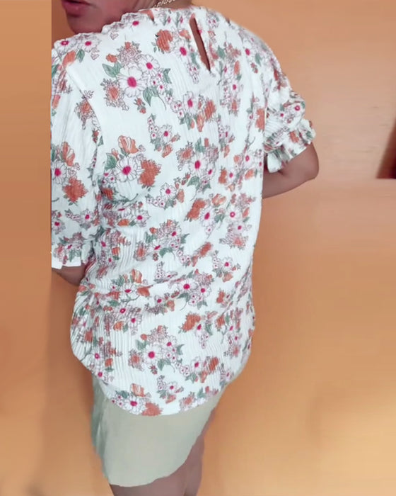 Bluse Rund Hals Blomstret Kort Erme