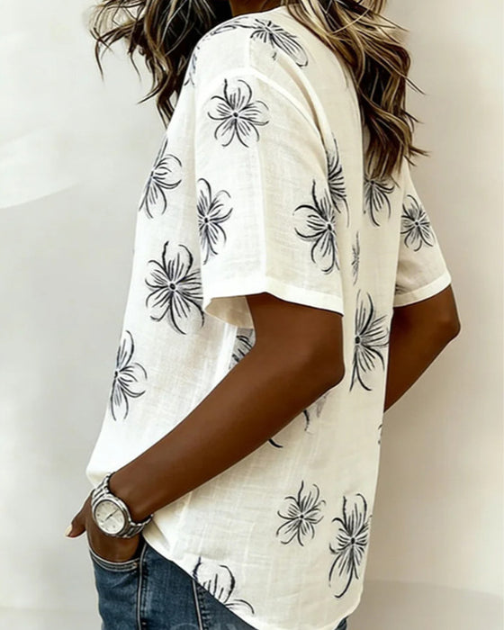 Bluse Crew Neck Knappestang Blomstret Casual